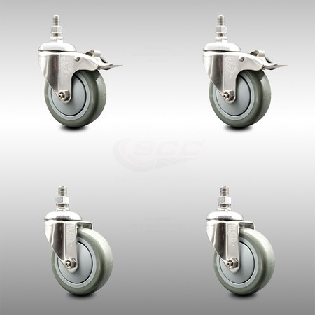 Service Caster 4 Inch 316SS Gray Polyurethane 3/8 Inch Threaded Stem Caster Lock Brake, 2PK SCC-SS316TSTTL20S414-PPUB-381615-2S2